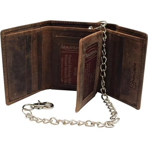 Genuine Leather Classic Trifold Wallet (Brown with Chain) - Picture 7 of 7